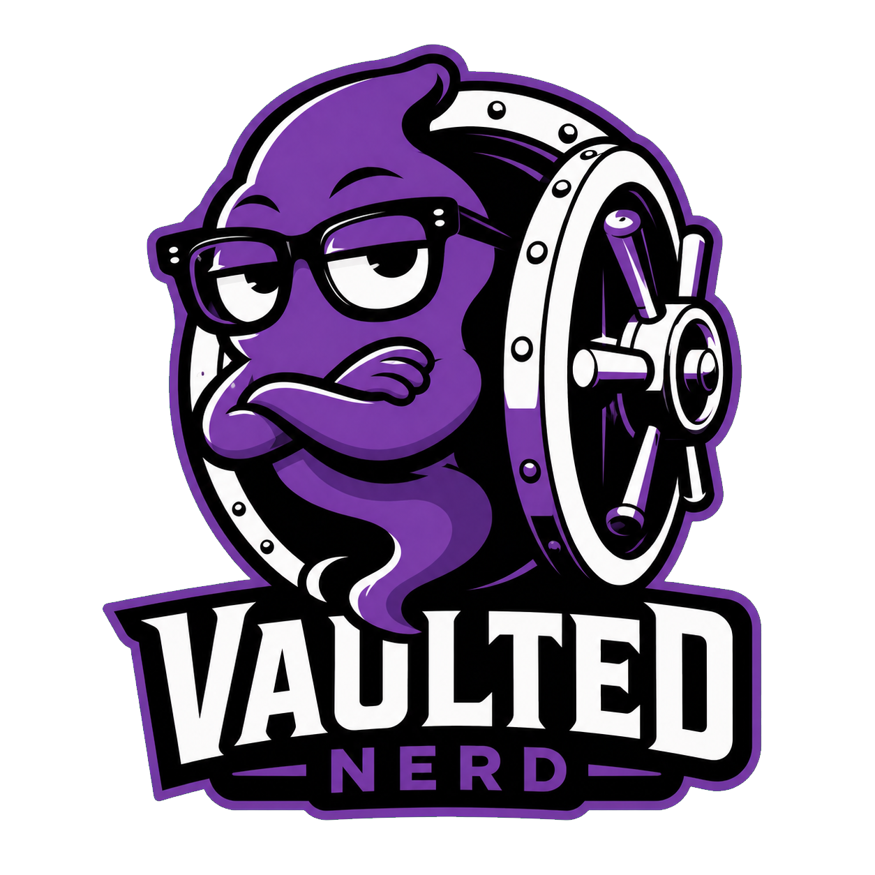 Vaulted Nerd mascot emerging from a vault