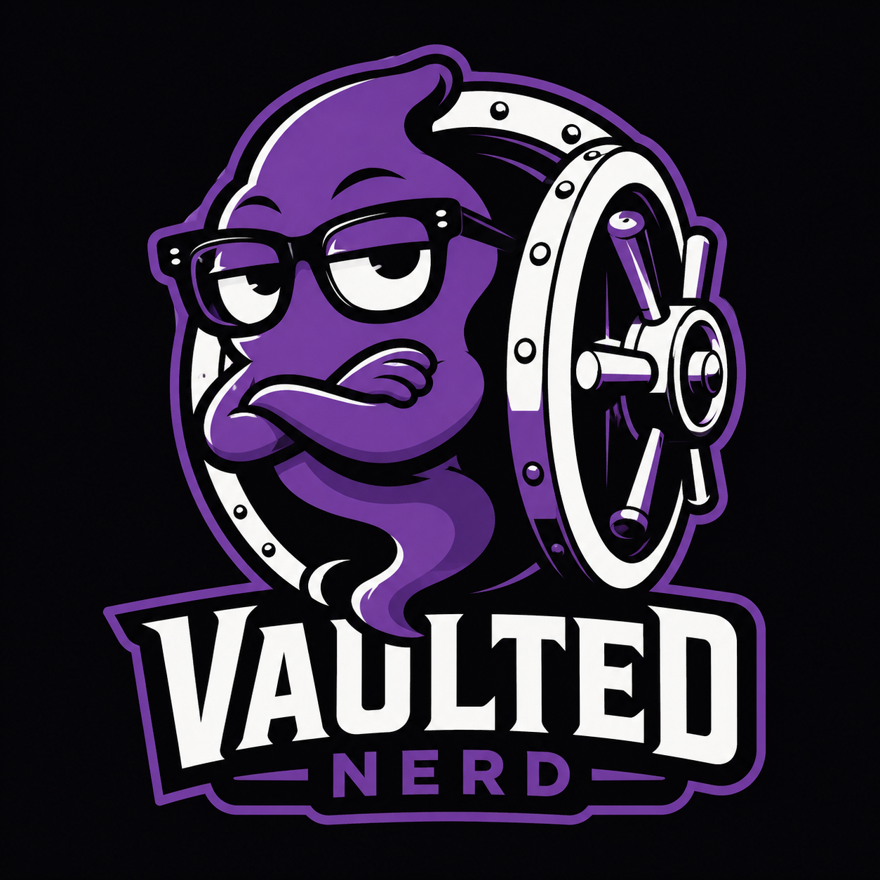 Vaulted Nerd mascot emerging from a vault